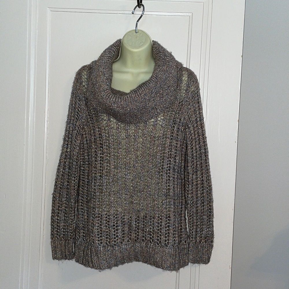 Chico’s gold & silver metallic cowl neck open weave long sleeved sweater